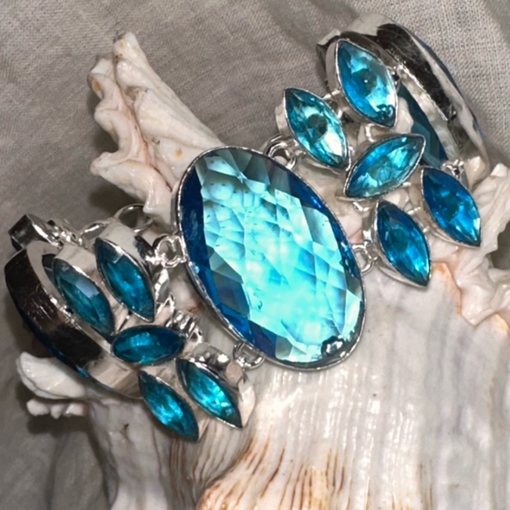Spectacular Blue Mermaid Topaz multi-gem cluster statement cuff Bracelet
